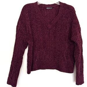 Nikka K Women’s Deep Red Burgundy Maroon V-Neck Cable Knit Sweater